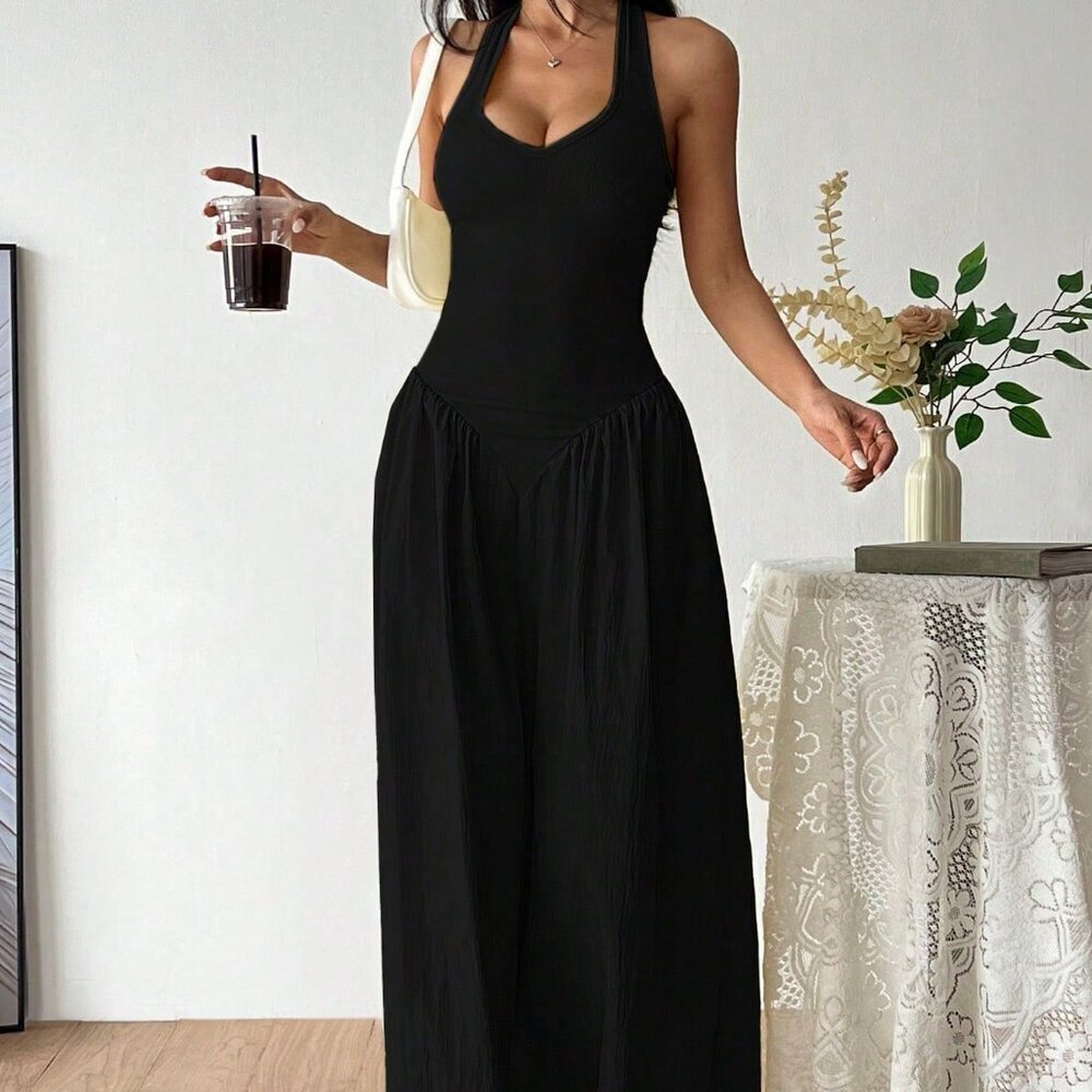 Black Women's French Deep V-Neck Sexy Halter Tie-Up Splice Ruched Waist Dress